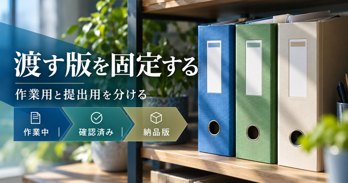 渡す版を固定する。作業用と提出用を分ける。作業中、確認済み、納品版を整理した写真風の解説画像。