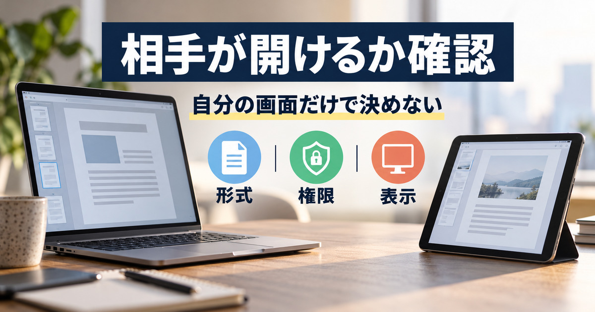 相手が開けるか確認。自分の画面だけで決めない。形式、権限、表示を整理した写真風の解説画像。