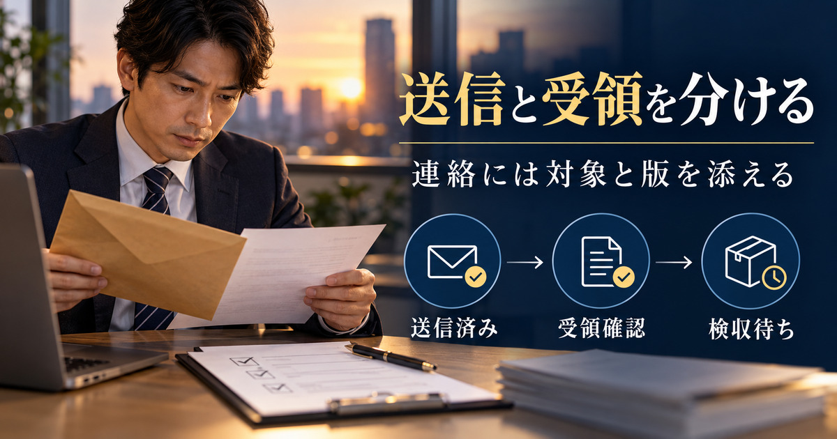 送信と受領を分ける。連絡には対象と版を添える。送信済み、受領確認、検収待ちを整理した写真風の解説画像。