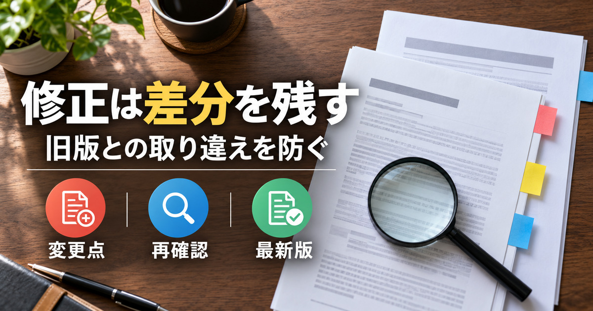 修正は差分を残す。旧版との取り違えを防ぐ。変更点、再確認、最新版を整理した写真風の解説画像。