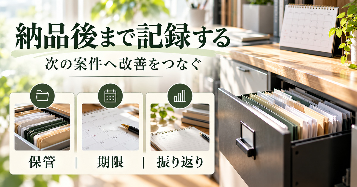 納品後まで記録する。次の案件へ改善をつなぐ。保管、期限、振り返りを整理した写真風の解説画像。