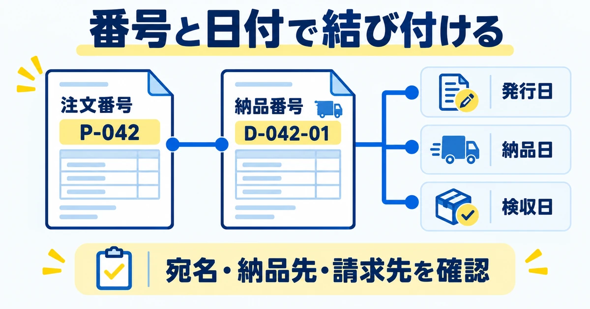 注文番号と納品番号を対応させ、発行日・納品日・検収日を別々に記録する図