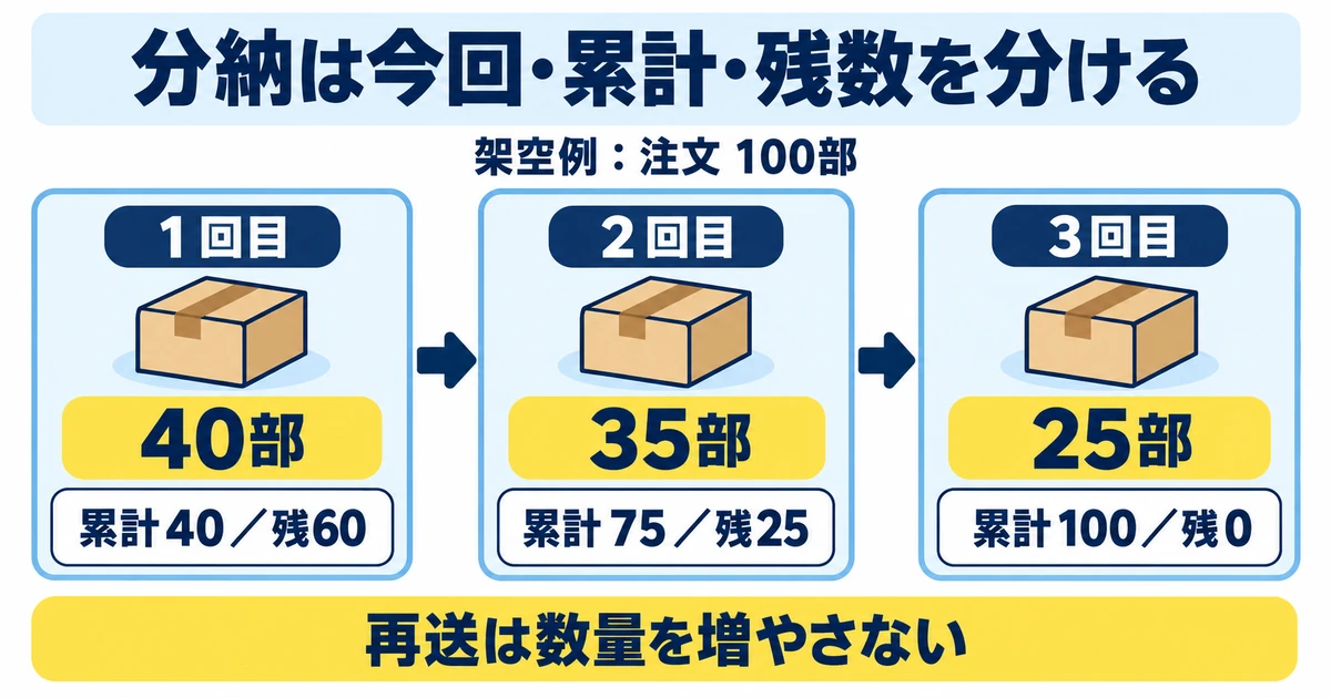 百部の注文を四十部・三十五部・二十五部に分納し、累計と残数を検算する架空例