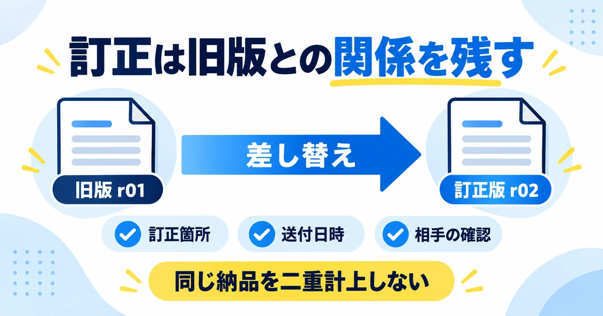旧版と訂正版の関係を残し、訂正箇所・送付日時・相手の確認を管理する図