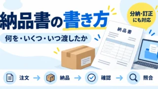 納品書の書き方を、注文・納品・確認・照合の流れと分納・訂正の記録で整理する図