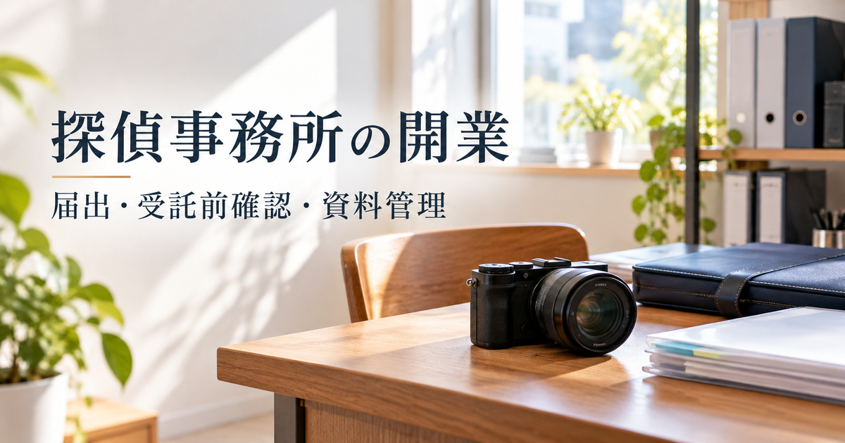 カメラと書類ケースを置いた架空の探偵事務所の生成イメージ。実際の調査や実績を示す写真ではありません