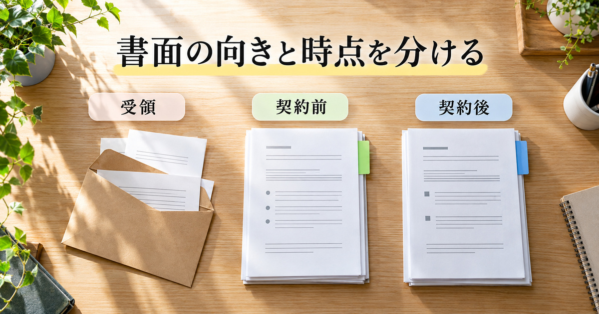 受領・契約前・契約後の書面を分ける架空のイメージ。法定書面の完成見本ではありません