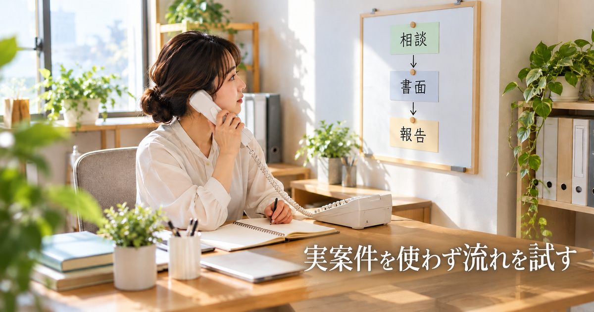 実案件を使わず相談・書面・報告の流れを練習する、架空の開業準備イメージ