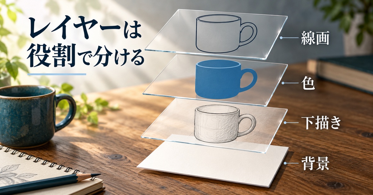 上から線画・色・下描き・背景に分けた基本の四レイヤー