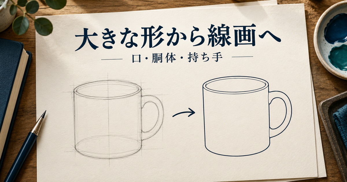 マグを口の楕円、胴体、持ち手に分けて線画にする説明