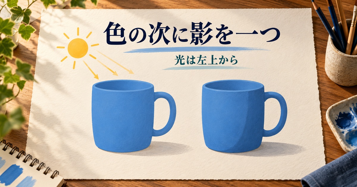 青いベース色に右側の影を足す色塗りの考え方