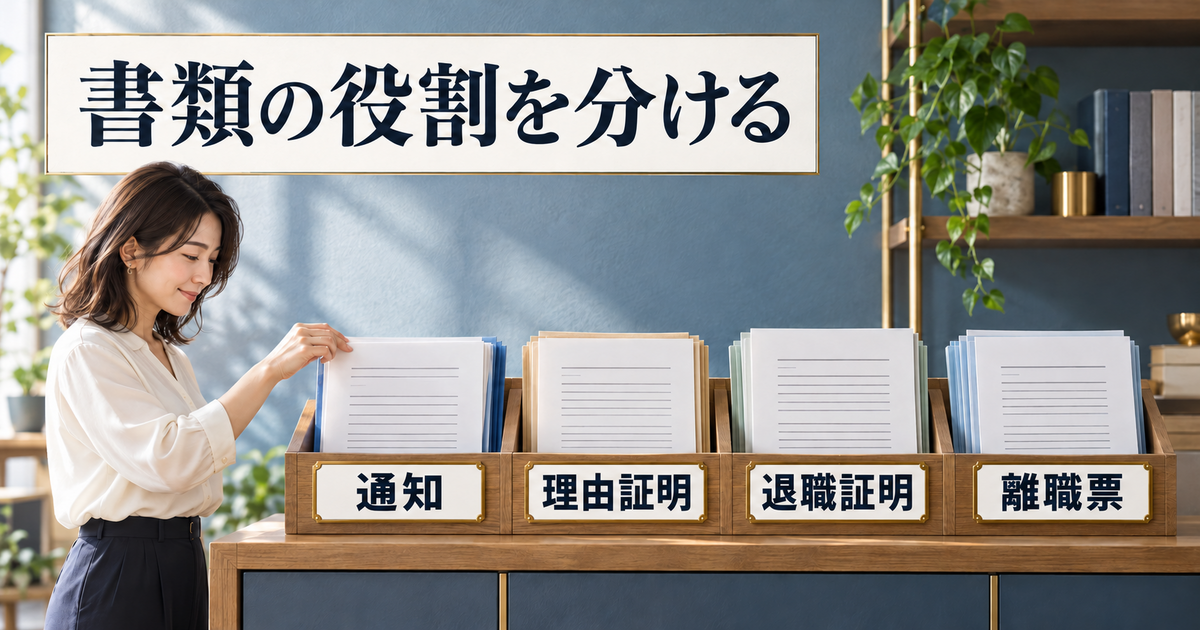 解雇の通知、理由証明、退職証明、離職票を別の書類として整理した棚。