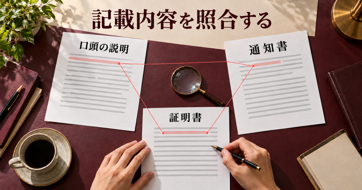 口頭説明のメモ、通知書、証明書を並べて記載内容を照合する机上の図。