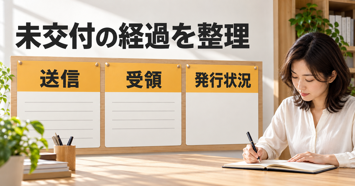 請求の送信、会社の受領、発行状況を分けて記録する経過カード。