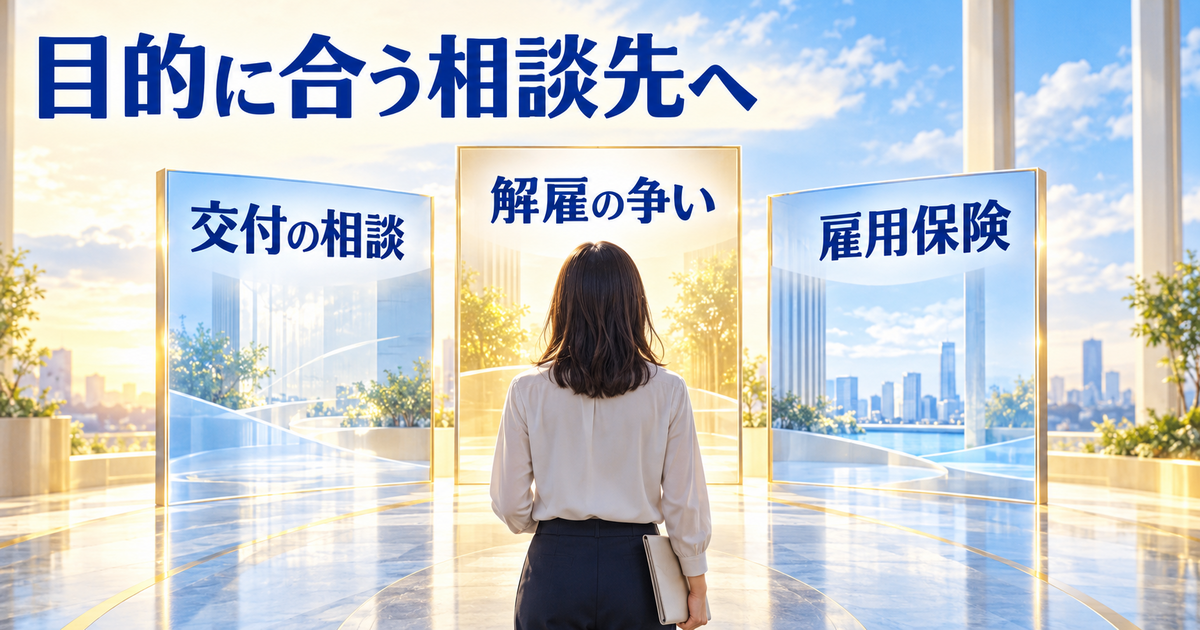書類を持つ人が、交付、解雇の争い、雇用保険の相談目的を整理している図。