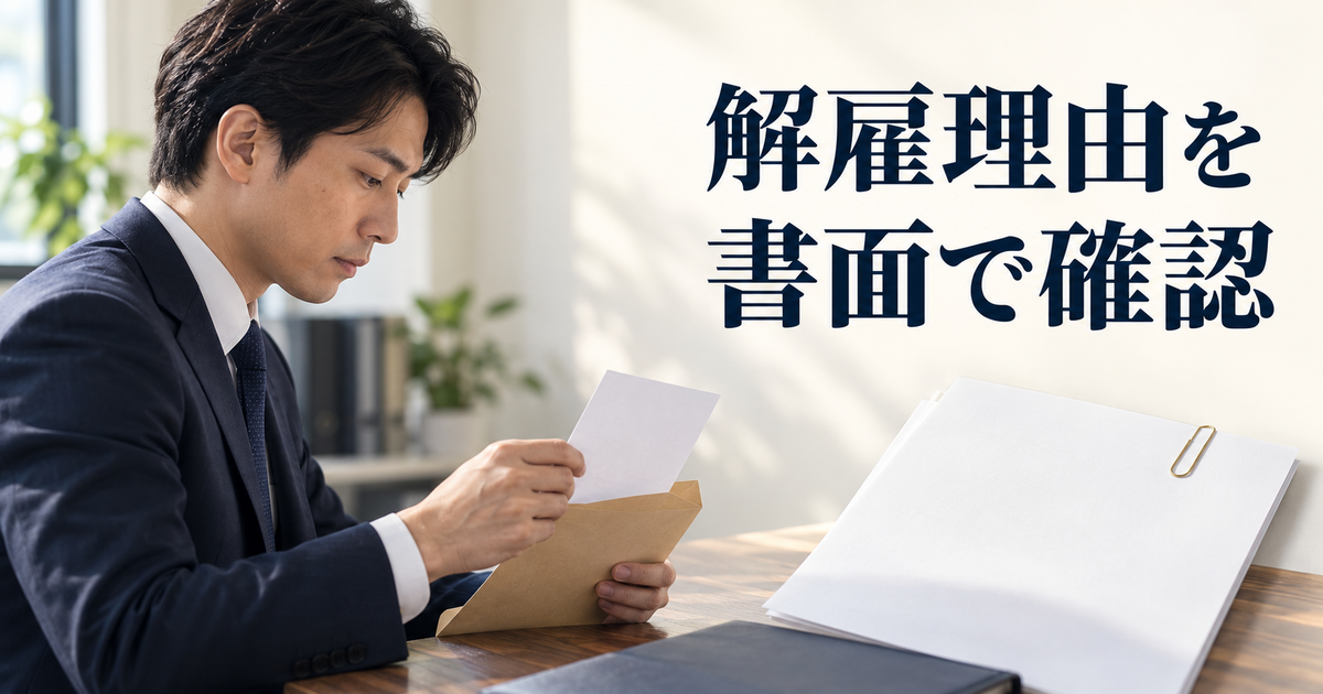 通知の封筒と書類を受け取り、解雇の理由を確認する準備をする会社員。