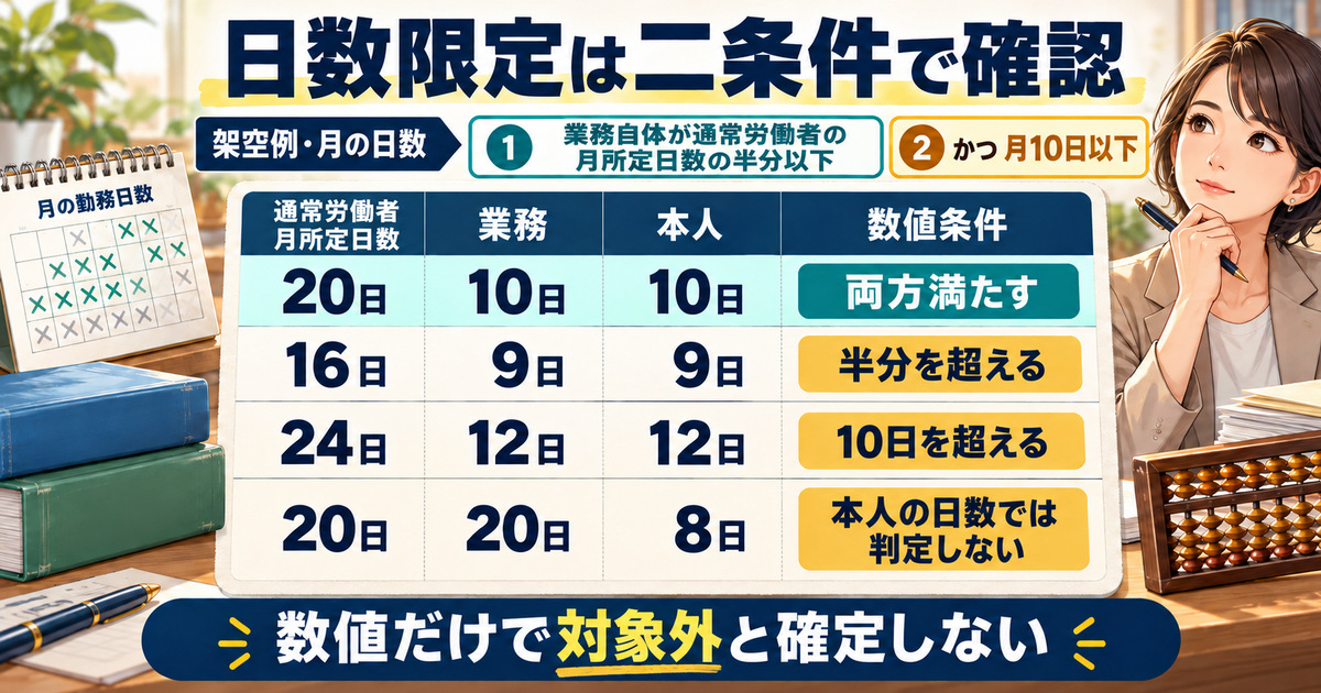 日数限定業務の架空例で、通常労働者の月所定日数・業務自体の日数・本人担当日数を20・10・10、16・9・9、24・12・12、20・20・8日で比較。半分以下と月10日以下の二条件だけで対象外を確定しない図