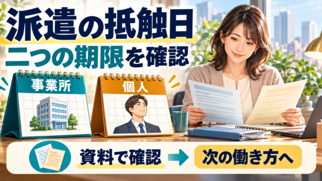 事業所単位と個人単位の二つの抵触日を資料で確認し、次の働き方を考える人を描いた生成解説図