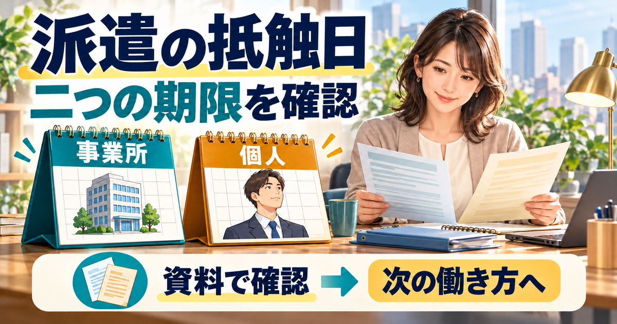 事業所単位と個人単位の二つの抵触日を資料で確認し、次の働き方を考える人を描いた生成解説図