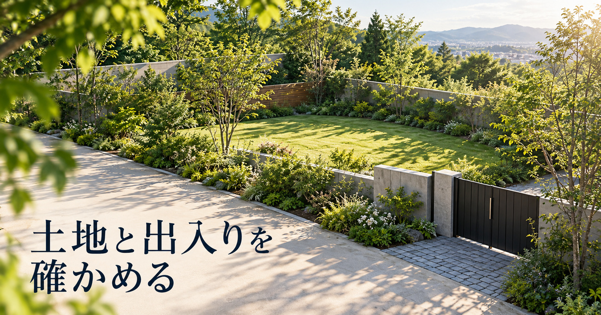 屋外区画とその周囲の通路を見渡し、土地と出入りの条件を考える架空の施設イメージ