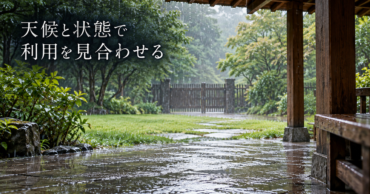 雨の屋外区画を軒下から眺め、天候と施設の状態による利用休止を考える架空の場面