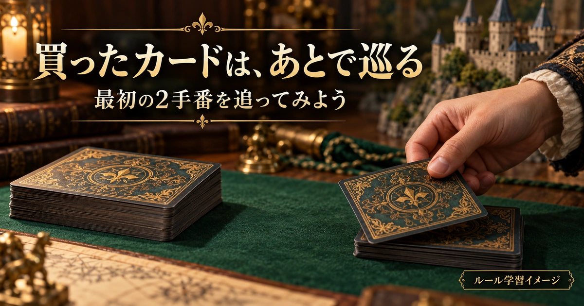 購入したカードがその後の山札の循環に入ることを学ぶ、カード移動の概念画像。