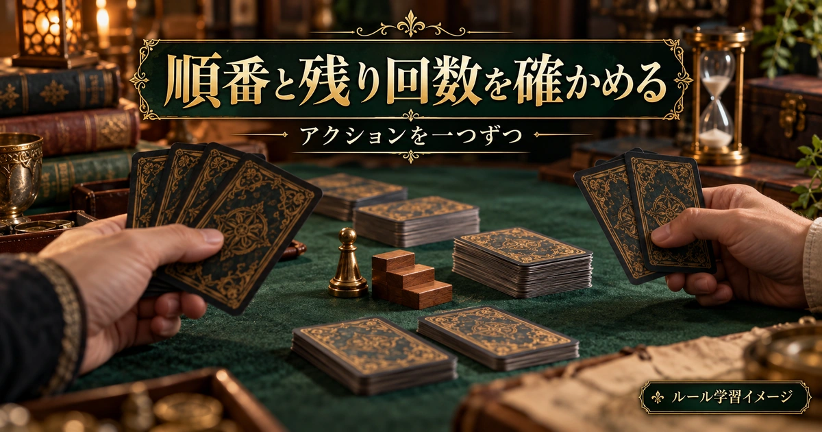 カードを使う順番と残りのアクション回数を確かめる学習場面の概念画像。