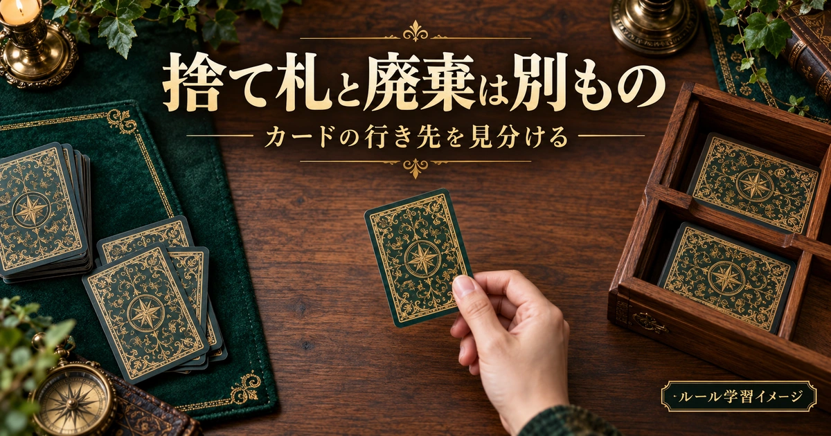 捨て札と廃棄の置き場を離し、カードの行き先を区別する概念画像。