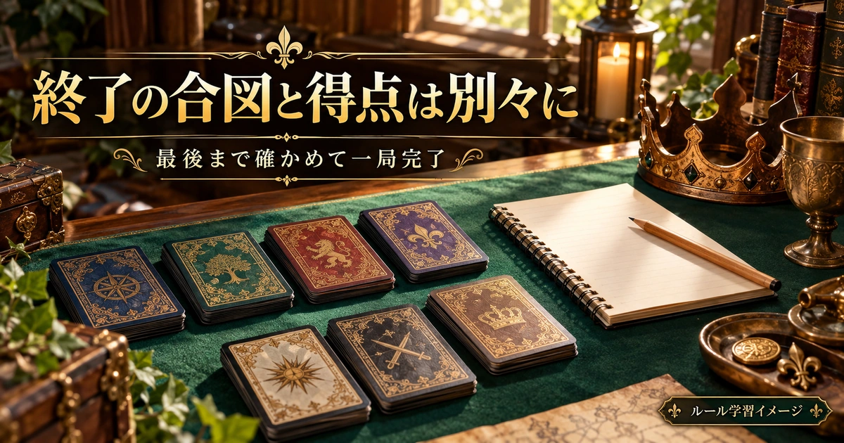 ゲームの終了条件を確かめたあと得点を数える、終局と採点の概念画像。