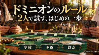 2人のカードゲーム卓を背景に、ドミニオンの基本ルールを練習する記事を示す概念画像。