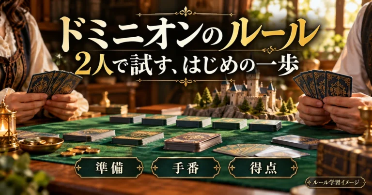 2人のカードゲーム卓を背景に、ドミニオンの基本ルールを練習する記事を示す概念画像。