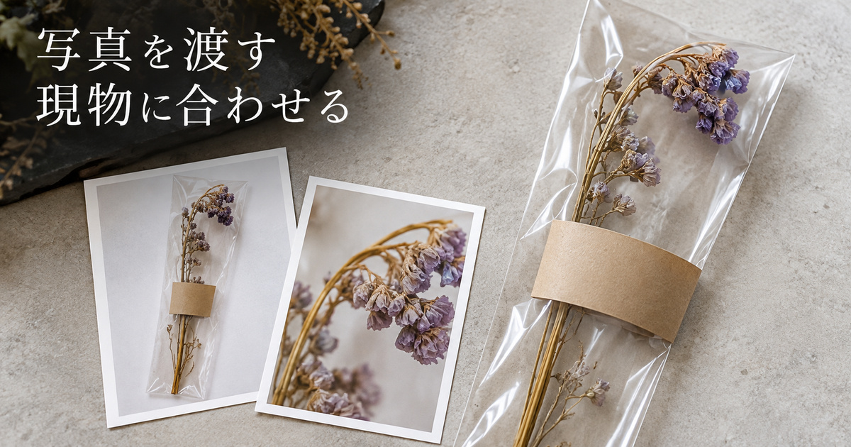 乾燥花材の現物と同じ束を写した写真を並べ、商品説明との対応を考える生成イメージ