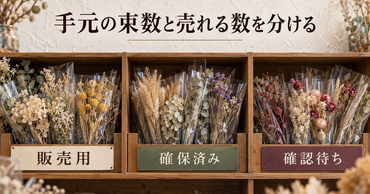 販売用・確保済み・確認待ちの花材を置き場で分け、受注可能数を考える生成イメージ