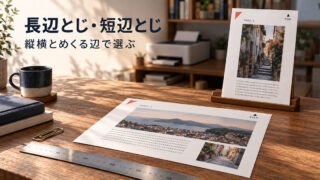 縦長と横長の説明用紙を並べ、用紙の辺から両面印刷のとじ方を考える説明イメージ