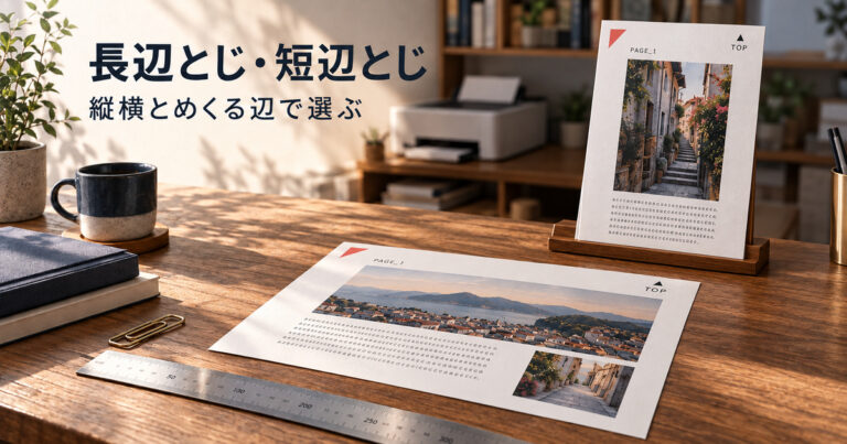 縦長と横長の説明用紙を並べ、用紙の辺から両面印刷のとじ方を考える説明イメージ