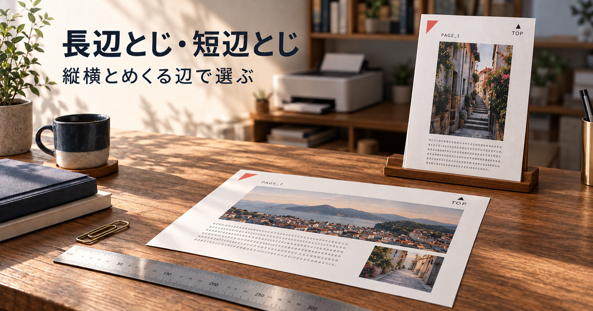縦長と横長の説明用紙を並べ、用紙の辺から両面印刷のとじ方を考える説明イメージ
