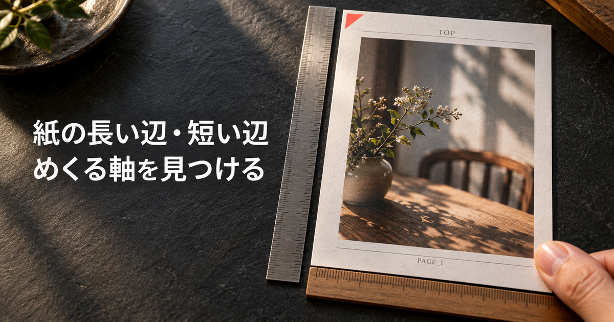 縦長の説明用紙の長い辺と短い辺に細い定規を添えた、とじる辺を見分ける説明イメージ