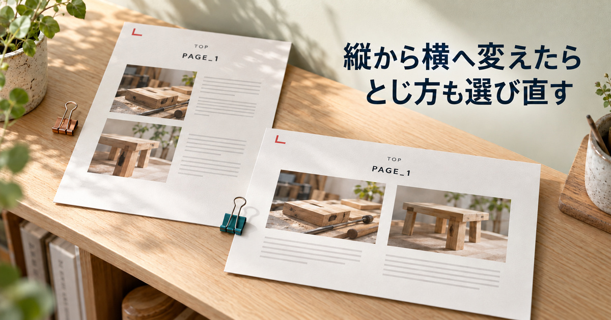 同じ内容を縦長版から横長版へ組み直した二つの説明資料を比べる、とじ方の選び直しの説明イメージ