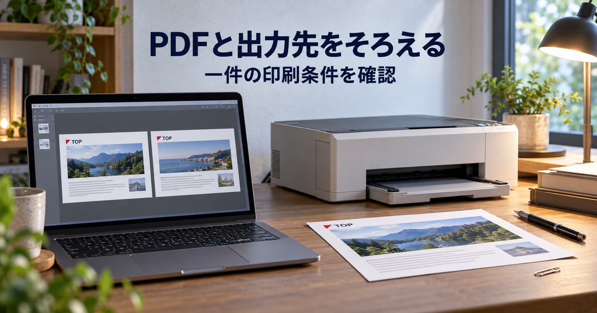 横長の二ページPDFを示す画面とプリンターを見比べ、一件の出力条件をそろえる説明イメージ