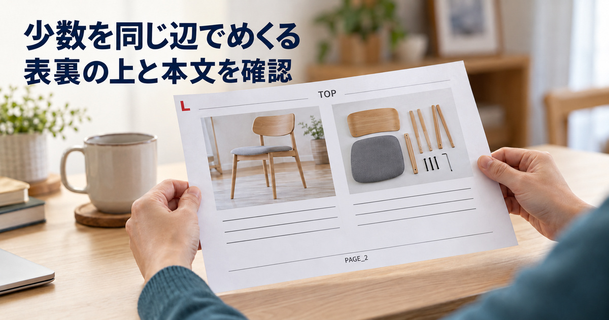 横長の説明用紙の短い辺を手で持ち、TOPと本文を読んで試し刷りを確かめる説明イメージ