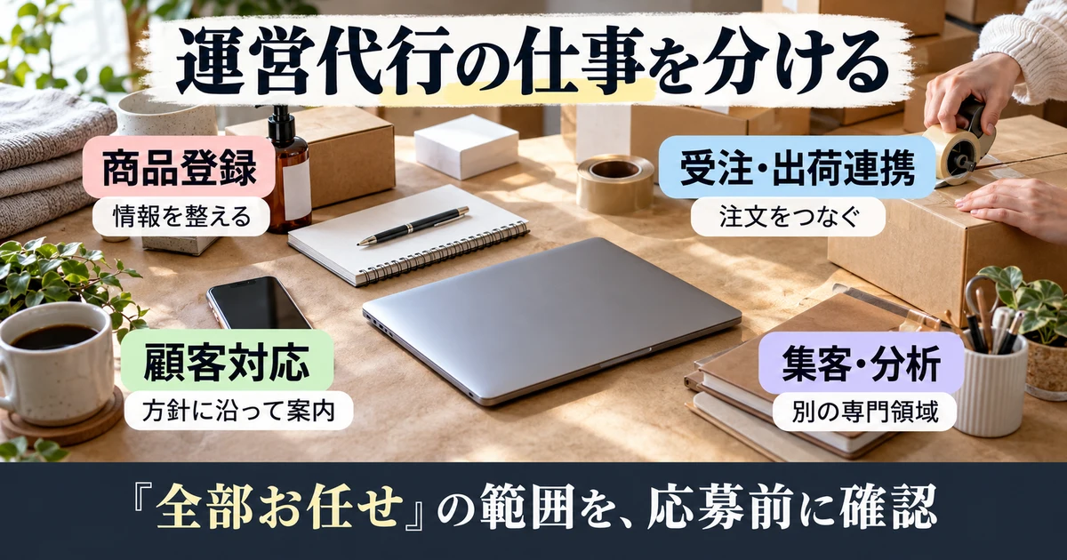 商品登録、受注と出荷連携、顧客対応、集客と分析を分けた説明用生成画像