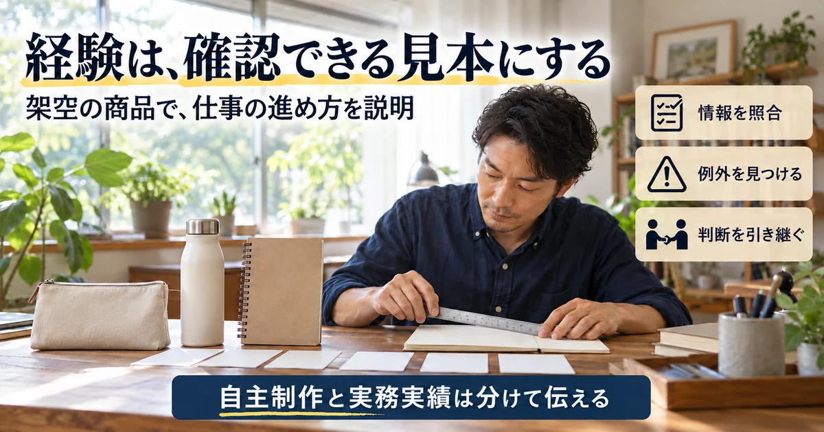 架空の商品で情報の照合、例外発見、判断の引き継ぎを示す見本の説明用生成画像