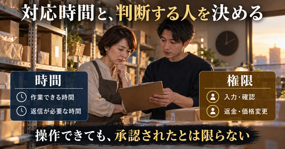 作業時間と返信時間、入力と返金の権限を分けて確認する説明用生成画像