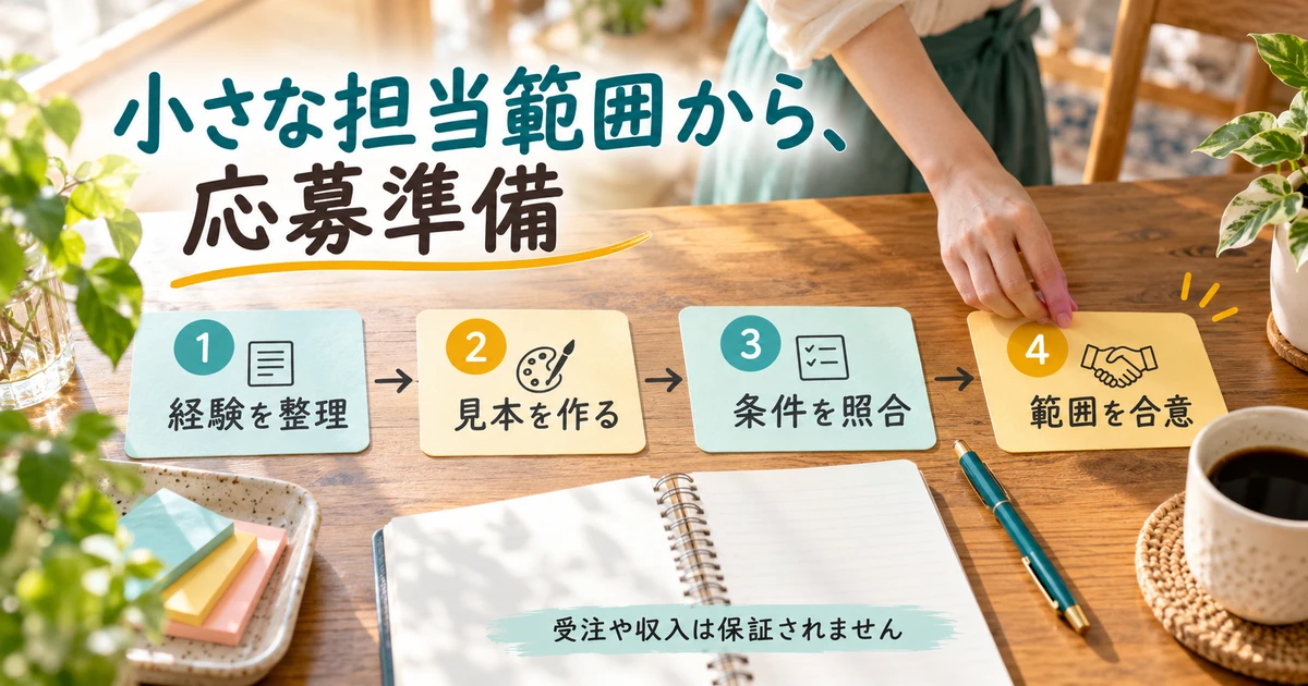 経験整理、見本作成、条件照合、範囲合意の四段階を示す説明用生成画像