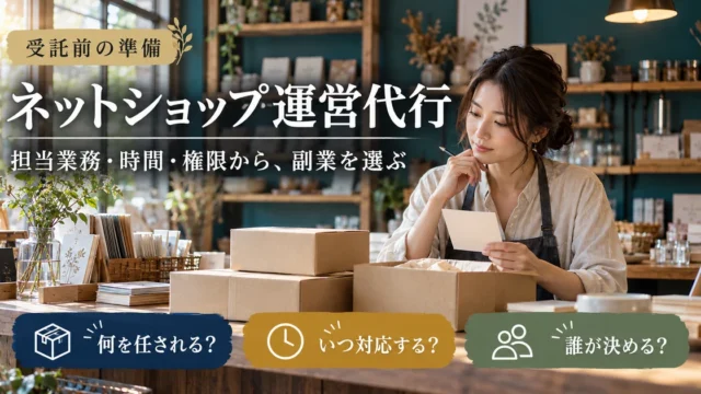 ネットショップ運営代行を業務、時間、判断者の三つから選ぶ説明用生成画像