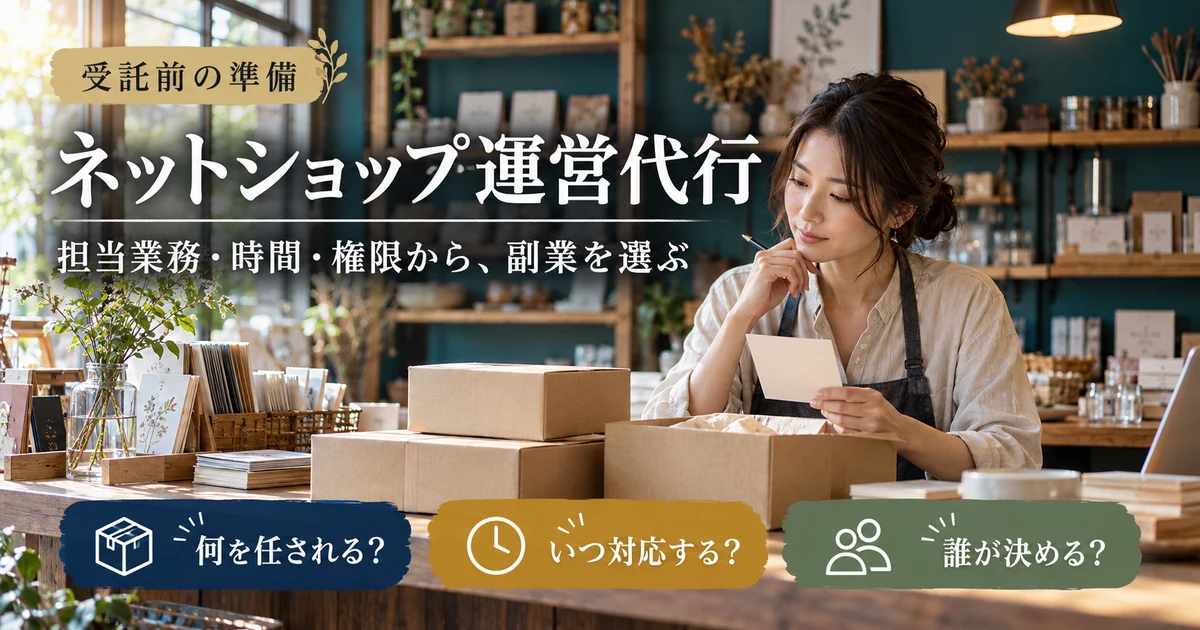 ネットショップ運営代行を業務、時間、判断者の三つから選ぶ説明用生成画像