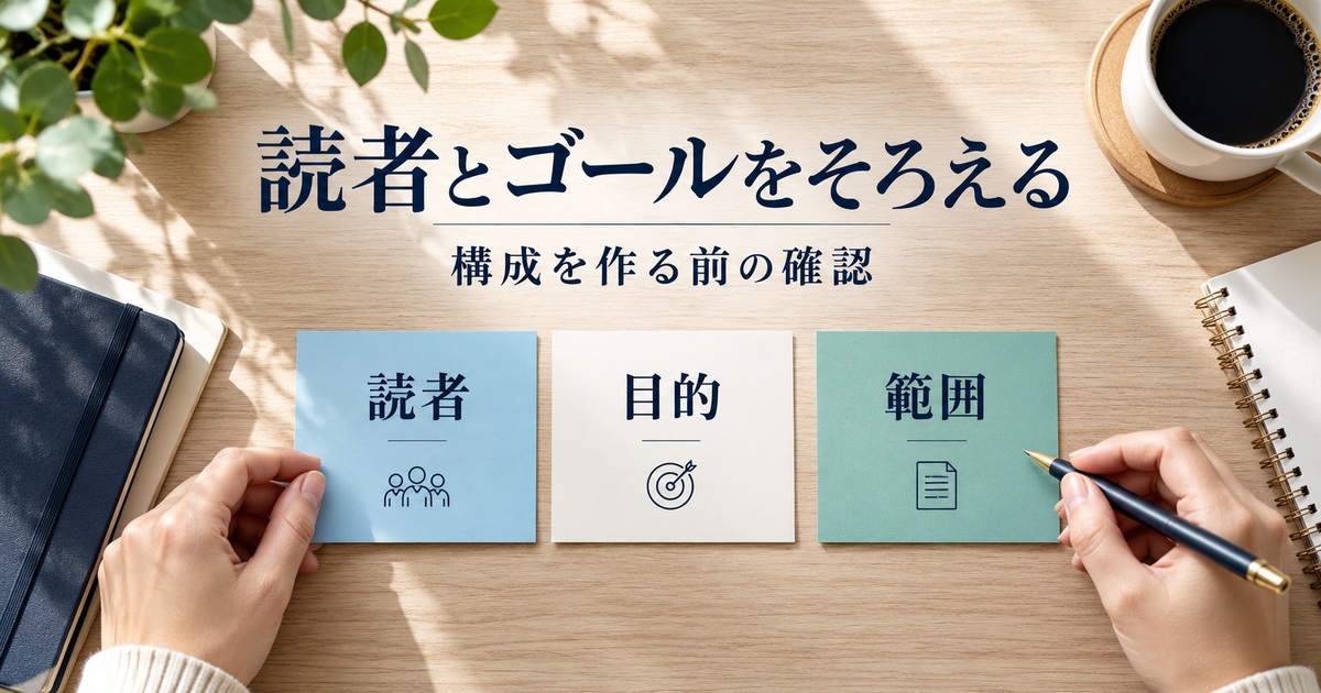 読者・目的・範囲をそろえ、構成を作る前に判断基準を決める。