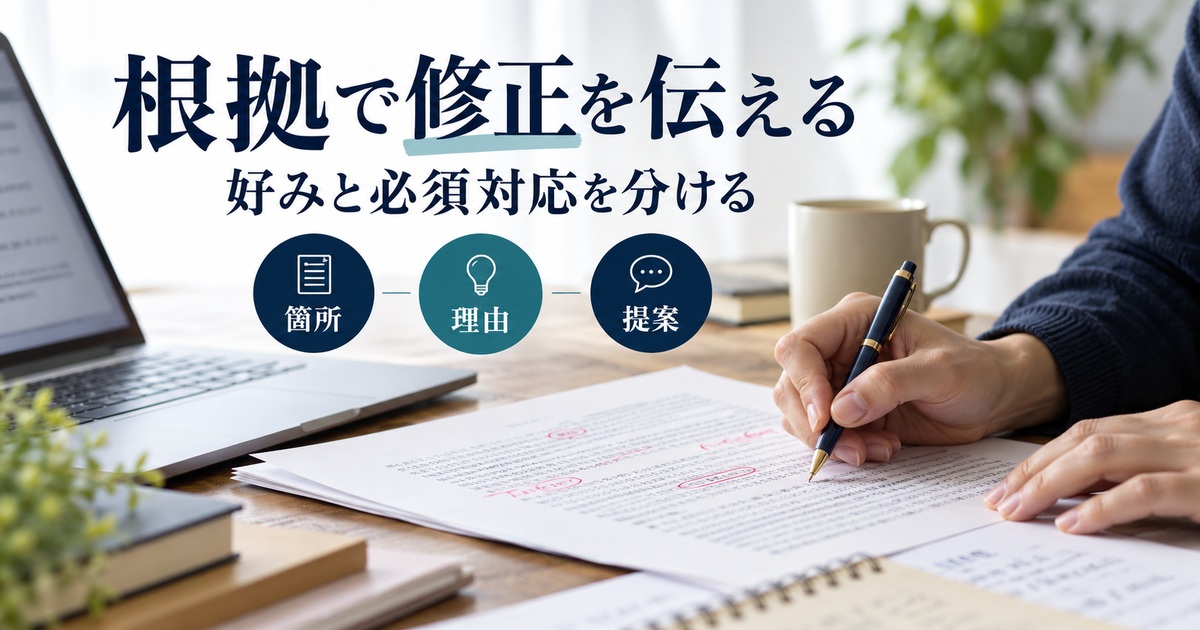 箇所・理由・提案を分け、好みと必須対応を区別して修正を伝える。