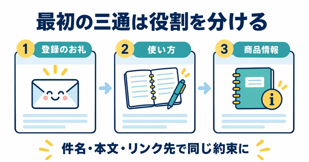 登録のお礼、使い方、新商品情報という三通の役割を分けたメール構成図