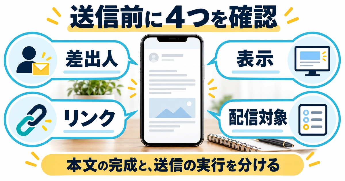 差出人、本文表示、リンク、配信対象を送信前に点検する四つの確認項目